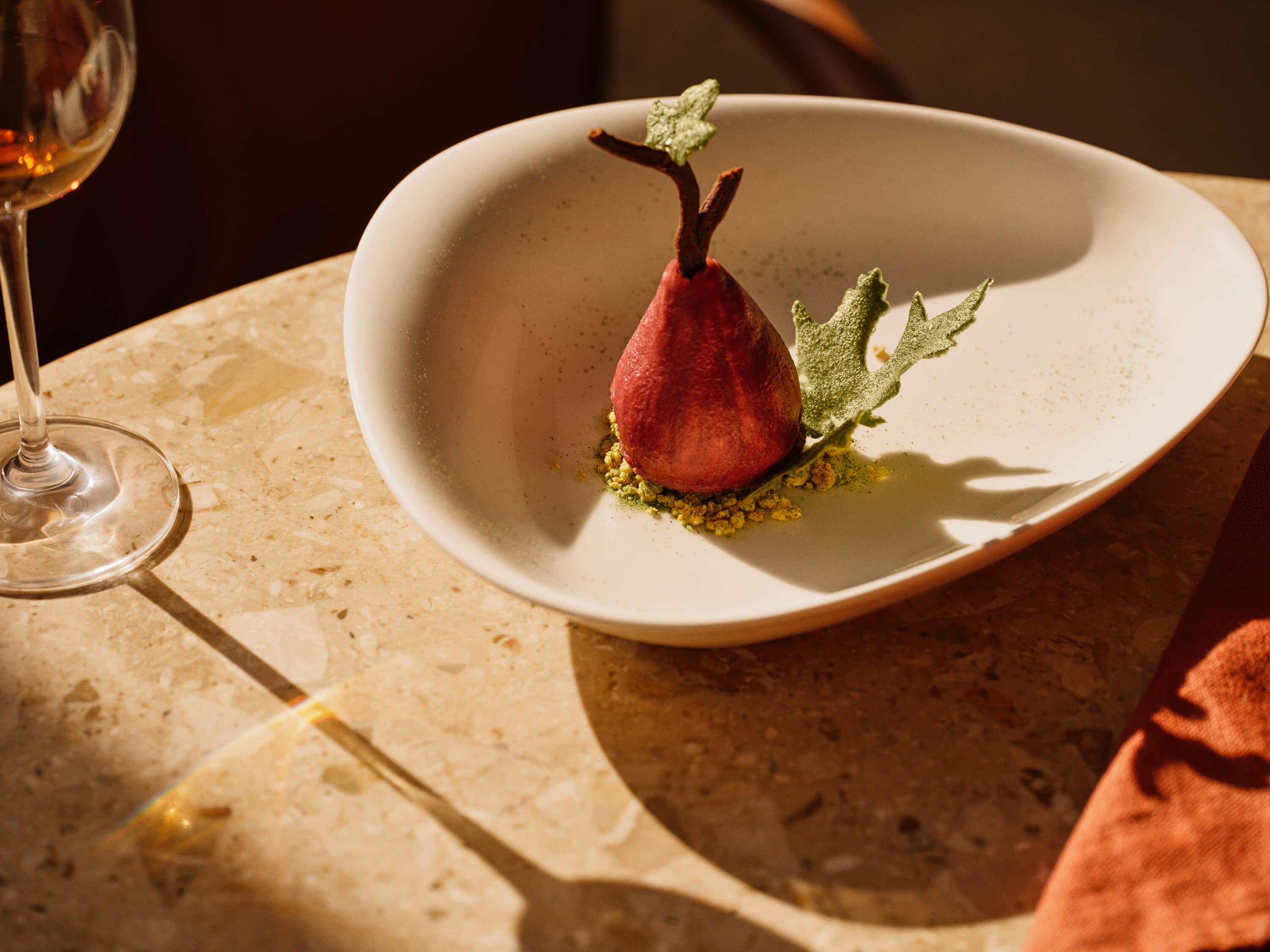 Chamomile parfait, with fig port glaze, crisp fig leaf and lemon verbena at Crystalbrook Sam, Martines.
