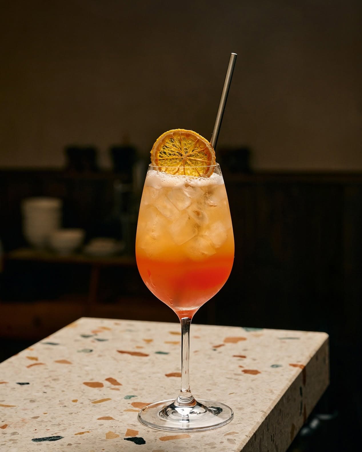 Citrus cocktail garnished with dried orange at Buono Restaurant & Bar in Parkdale, Melbourne.