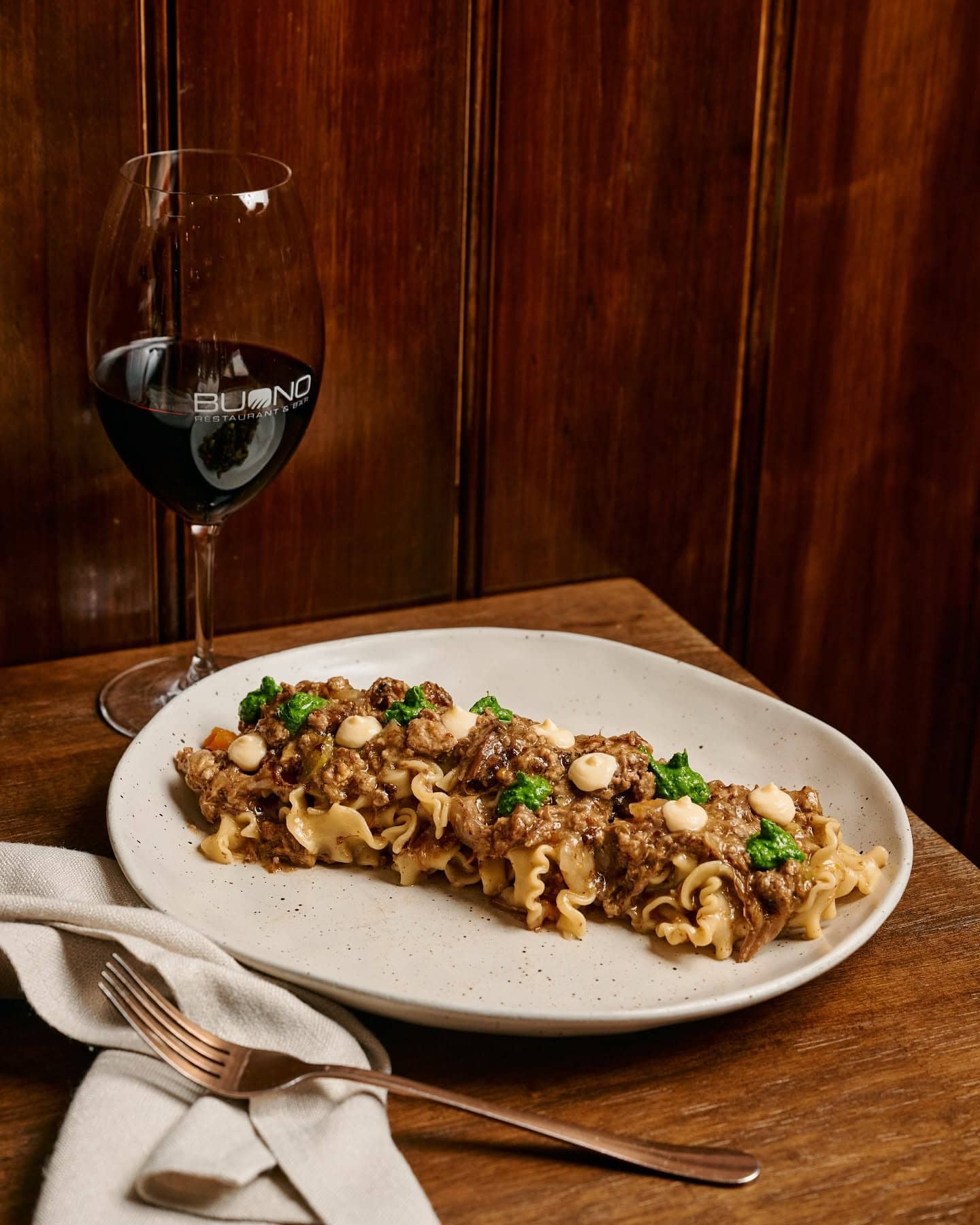 Handmade pasta with rich meat ragù, herbs and red wine at Buono Restaurant & Bar in Parkdale.