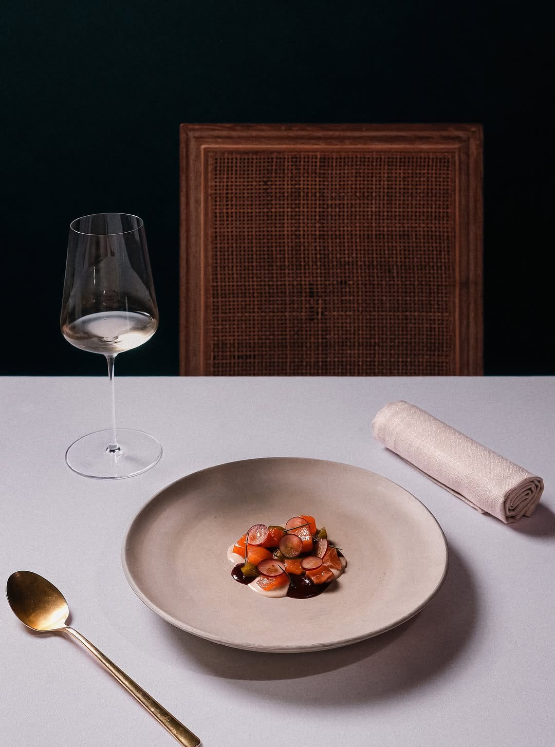 Contemporary Indian tasting menu course served at Enter Via Laundry in Melbourne, with fine dining presentation and wine pairing.