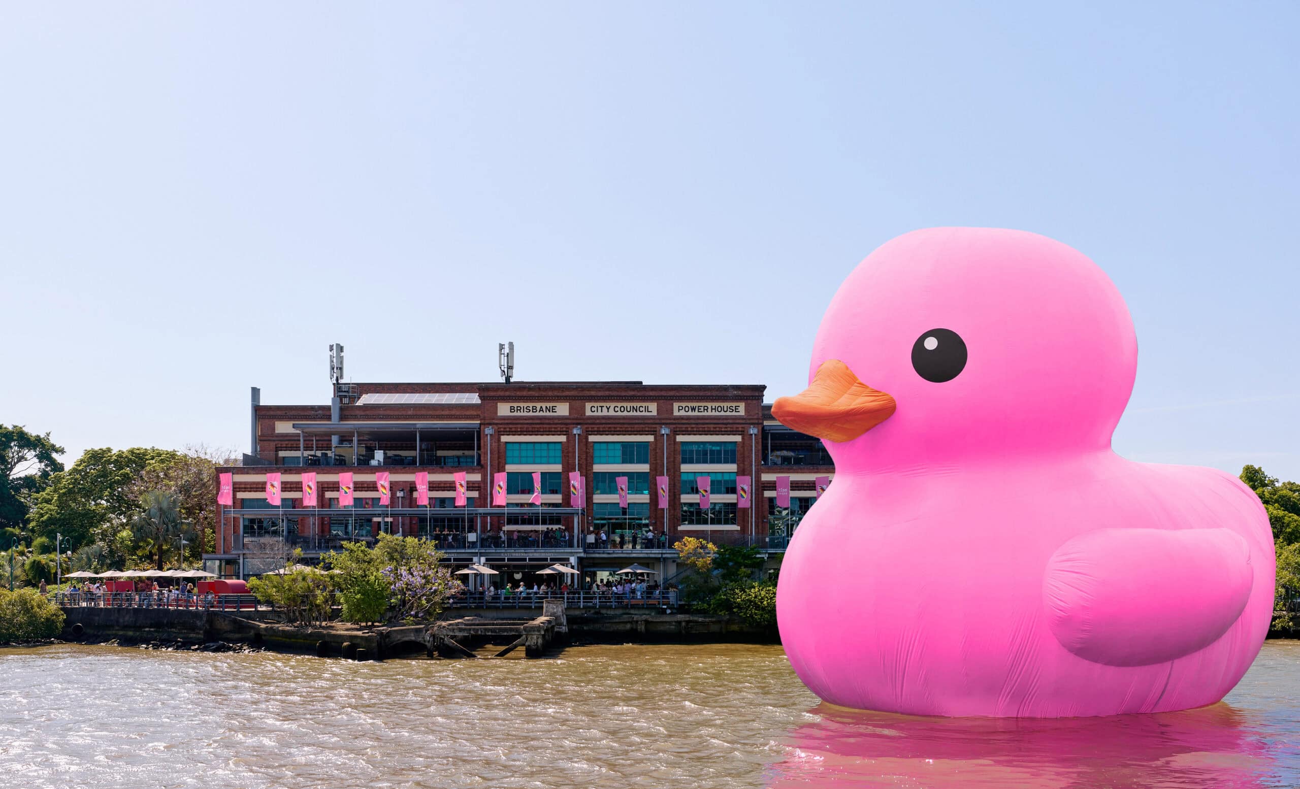 A giant pink rubber duck in front of the Powerhouse for Melt Festival.