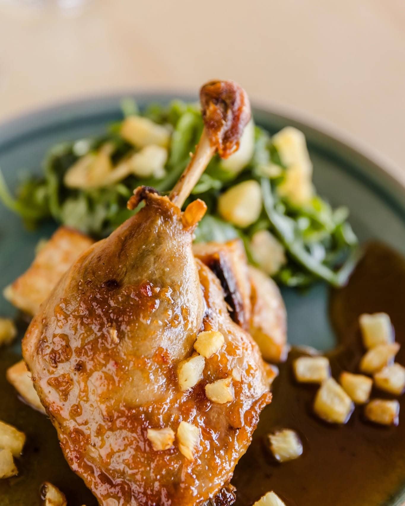Roasted poultry with seasonal vegetables and sauce at Pickled Sisters restaurant in Rutherglen, Victoria.