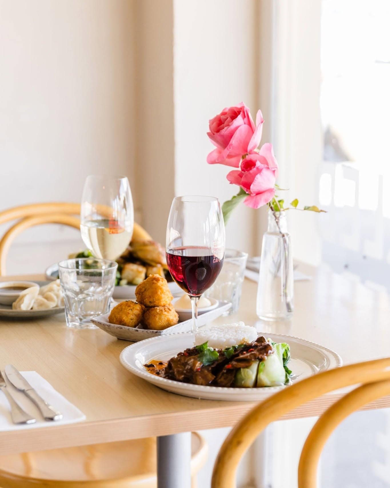 Lunch spread with local wine, shared plates and seasonal dishes at Pickled Sisters in Rutherglen, North East Victoria.