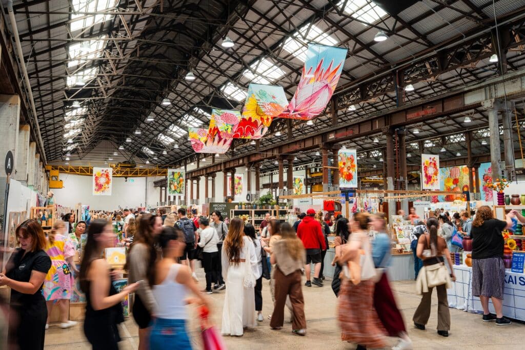 Crowds browsing stalls at the Big Design Market inside Carriageworks, Redfern, Sydney