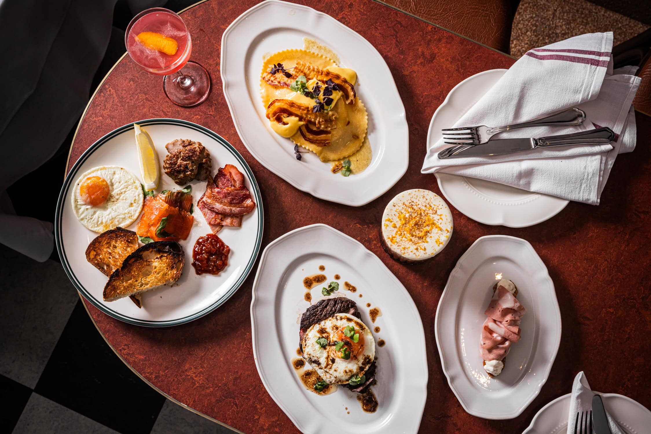 Breakfast spread with ricotta raviolo and cocktails at Bar Benevento Sydney CBD