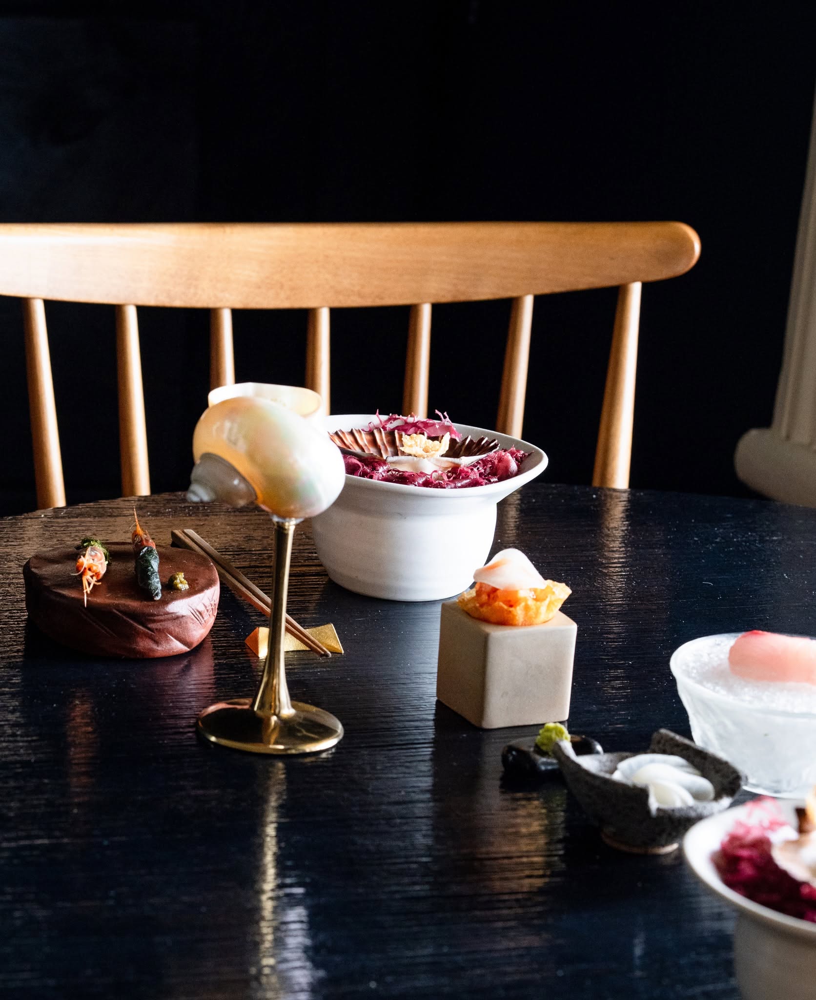 Japanese-inspired first course served at Kadota restaurant in Daylesford, Victoria, with intricate small plates and ceramic tableware.