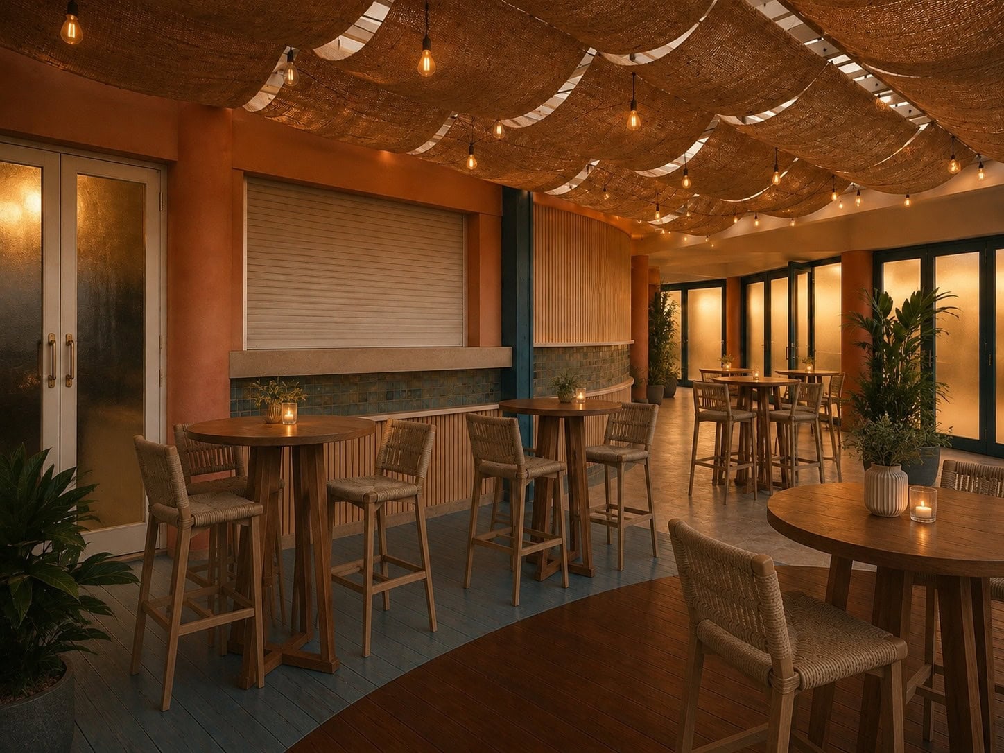 Render of Little NOA's dining terrace with warm lighting and woven bar stools, Cronulla, Sydney