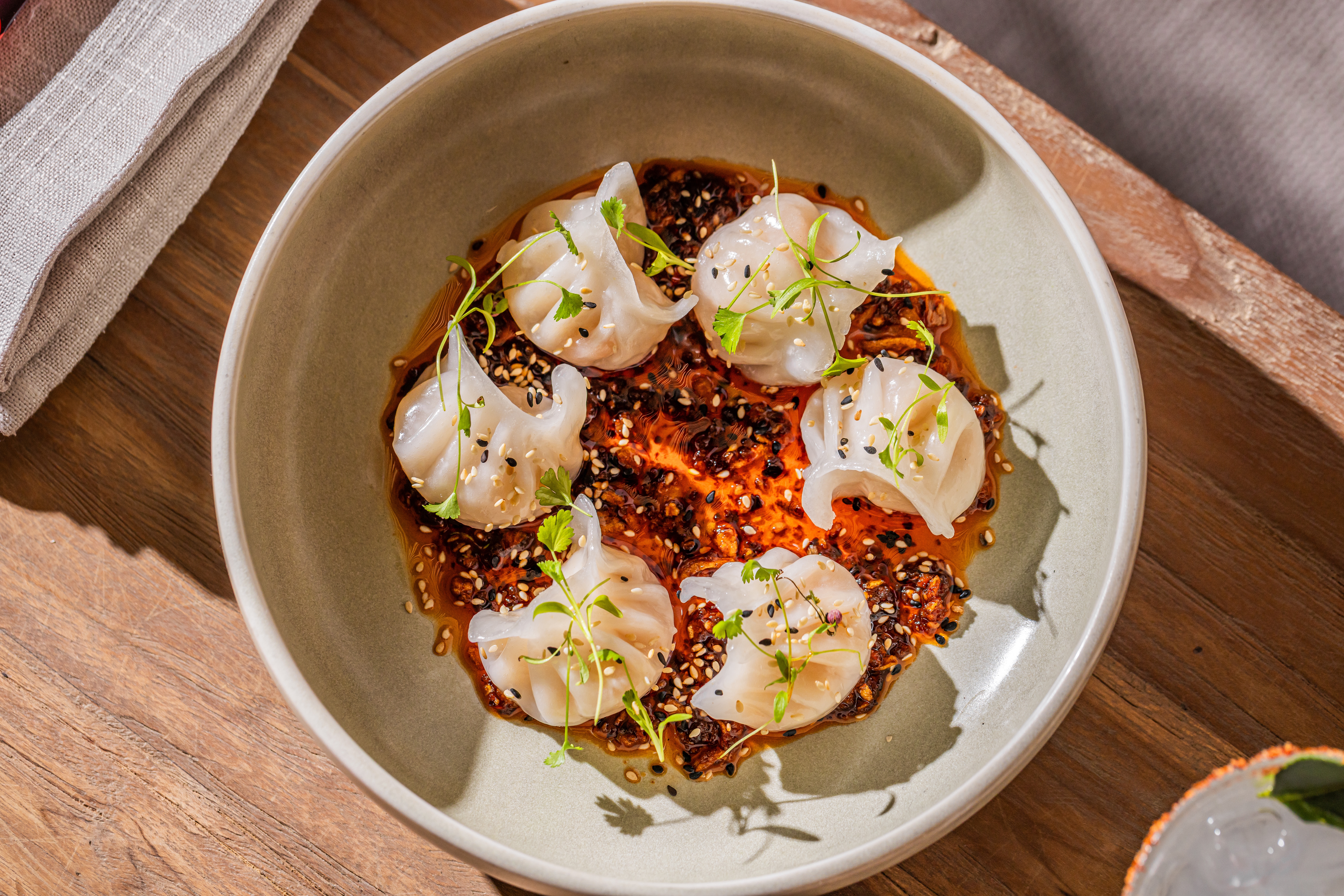 Prawn dumplings in chilli oil at Bobby Chan's Martin Place Sydney