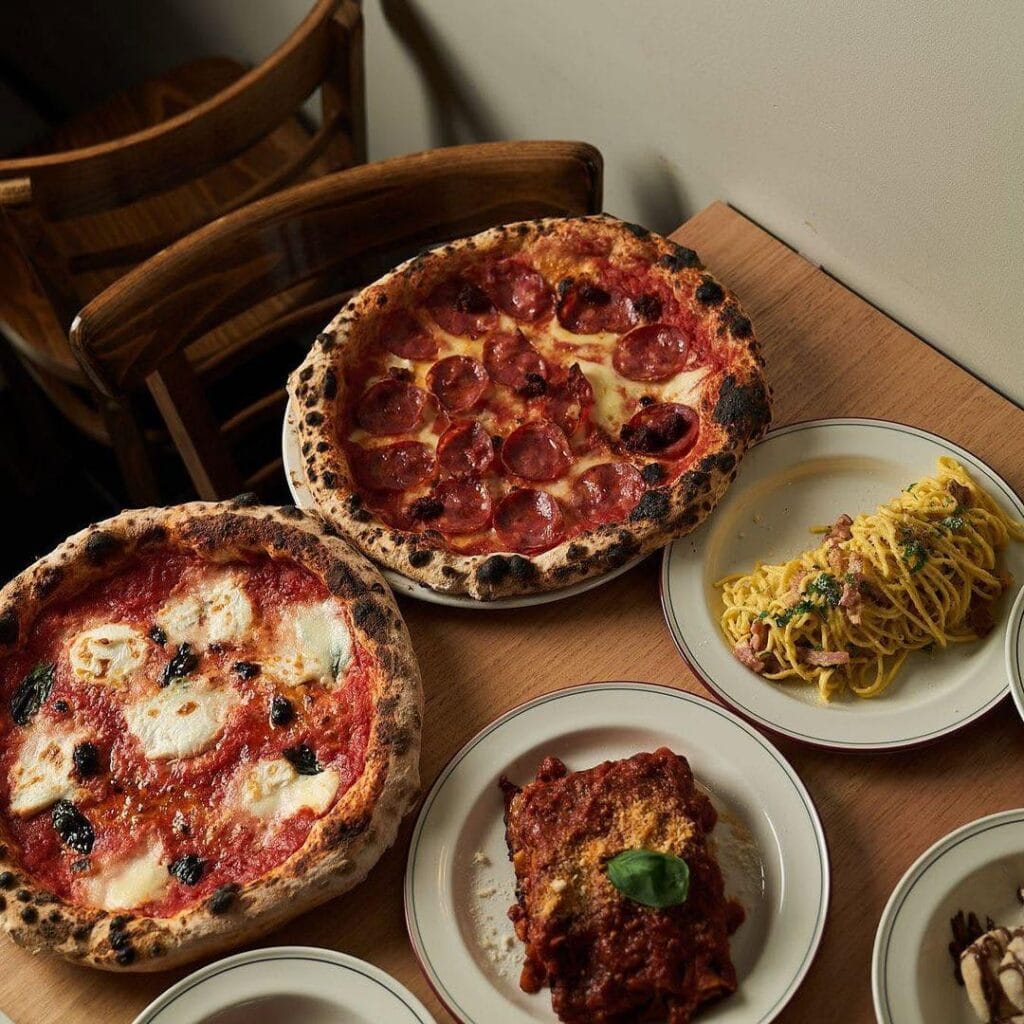 Selection of pizza and pasta dishes at Prefisso in Greensborough, Melbourne.