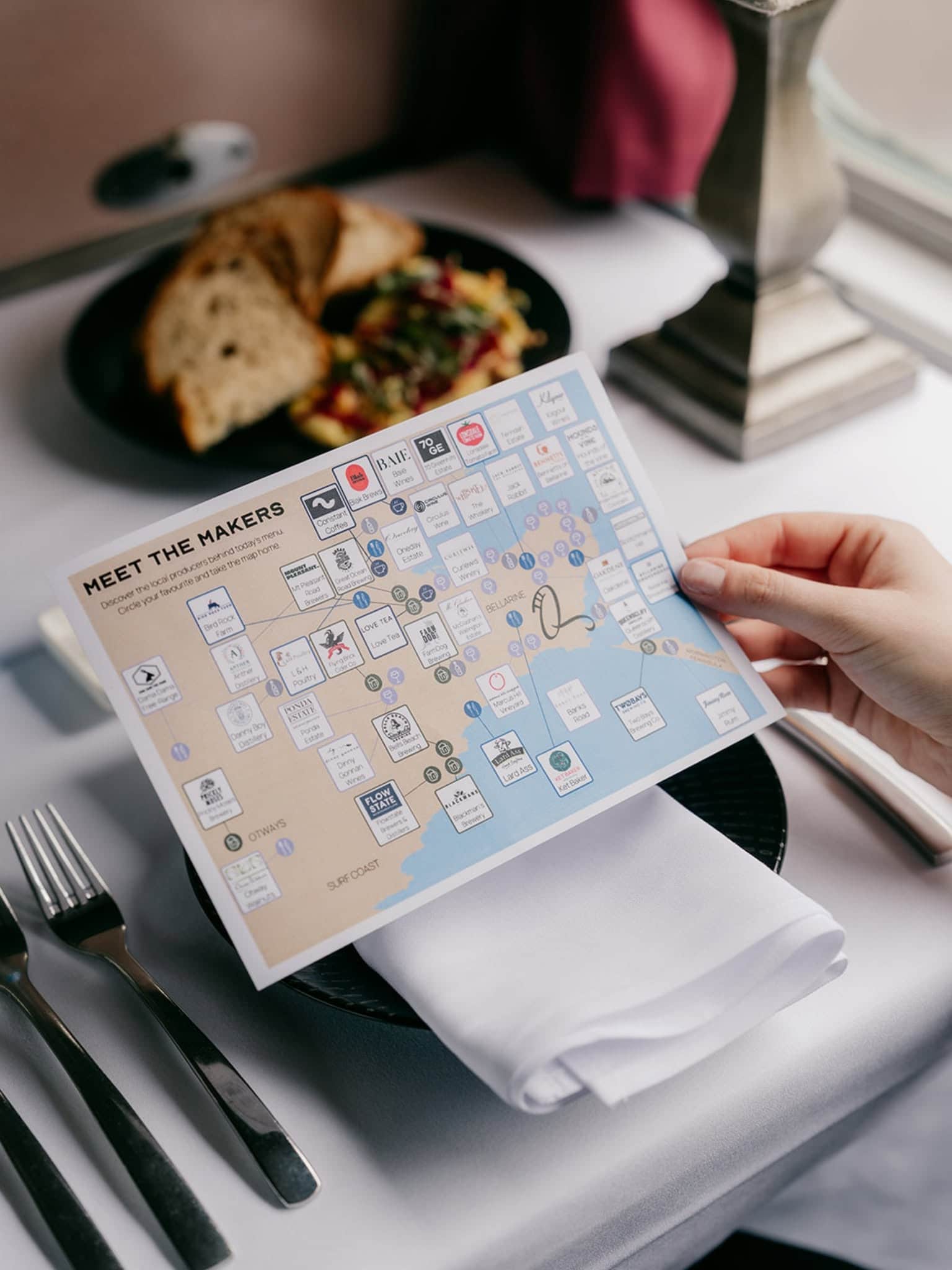 Meet the Makers map aboard The Q Train, highlighting Bellarine Peninsula producers featured in the travelling dining experience.