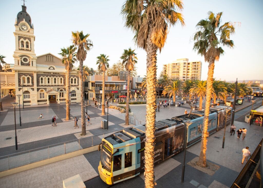 Tram at Moseley Square in Adelaide.