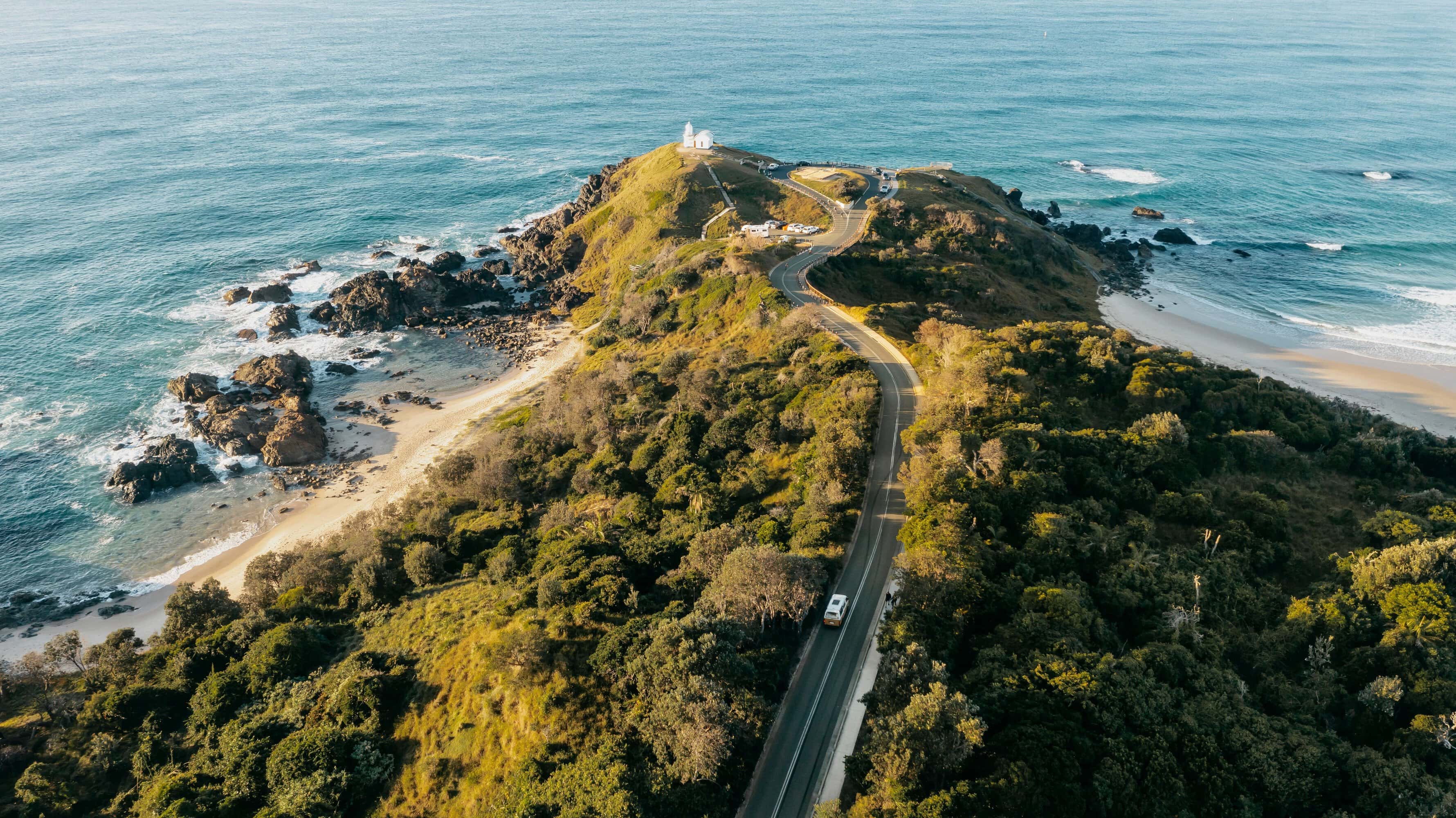 Aerial view of Tacking Point and the road leading to the lighthouse in Port Macquarie.