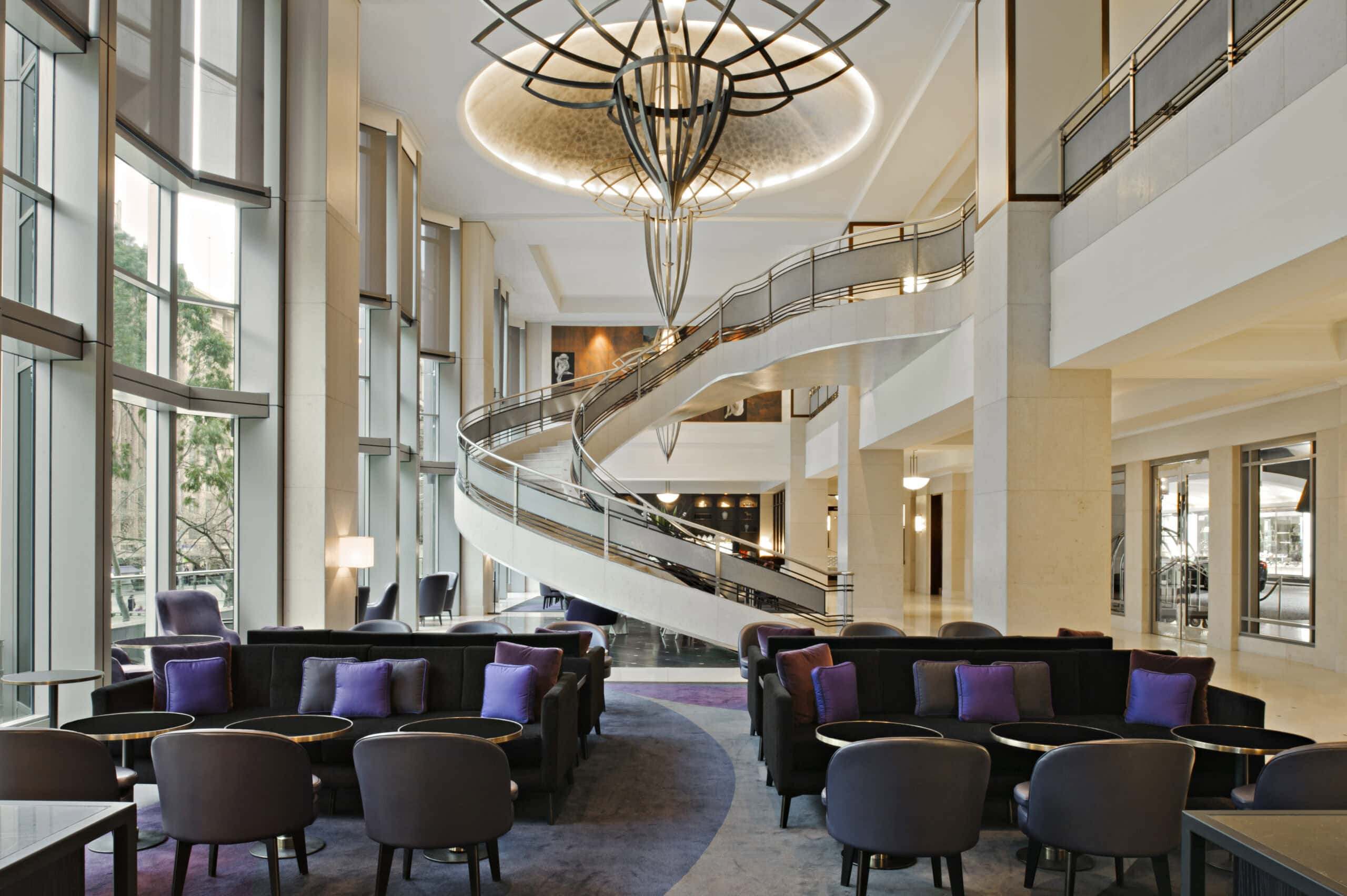 The Lobby at The Westin Melbourne with its striking spiral staircase