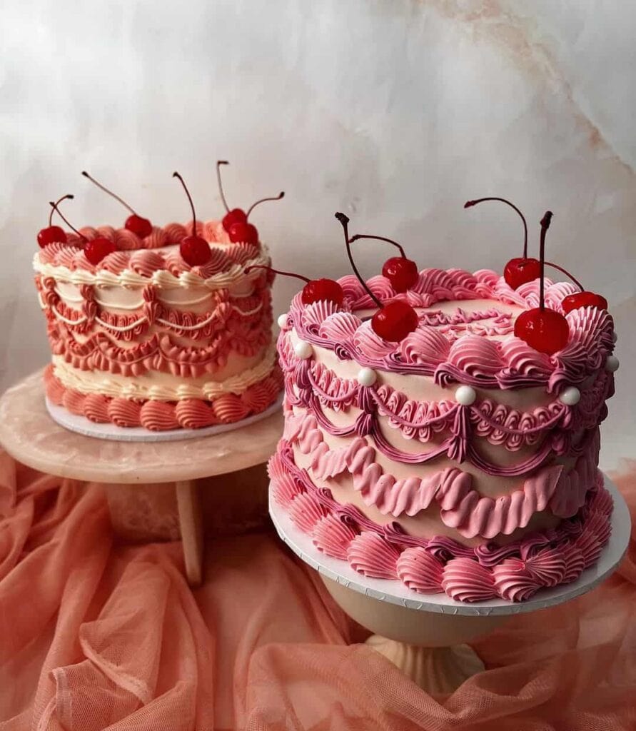 Two Marie Antoinette-style vintage cakes with ornate pink and red piped buttercream and glacé cherries on cake stands, by Les Soeurs Macarons, Balmain East Sydney