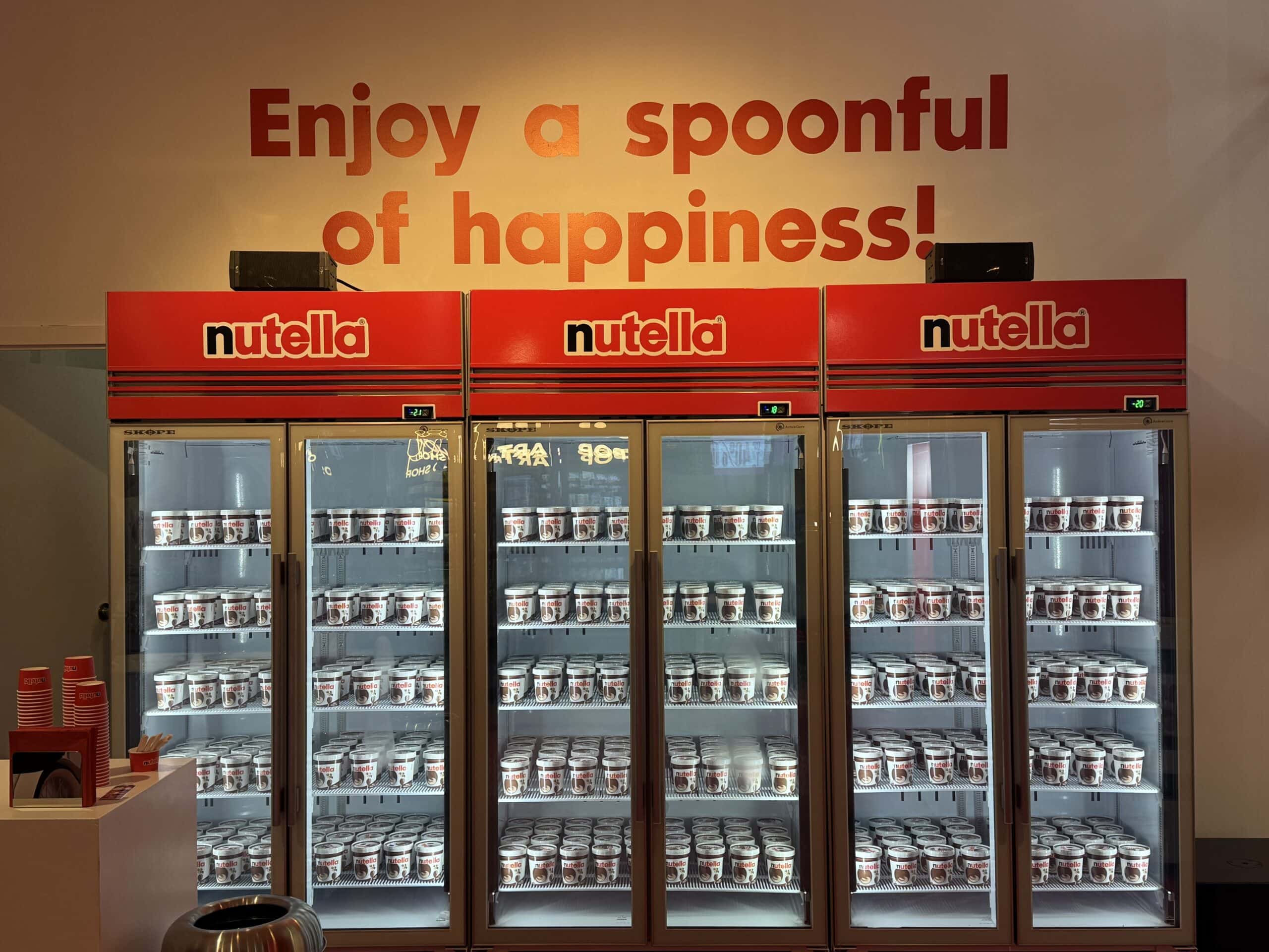 Nutella-branded freezers stocked with tubs of Nutella's new frozen treat at the free scoop pop-up in MidCity Shopping Centre, Sydney CBD