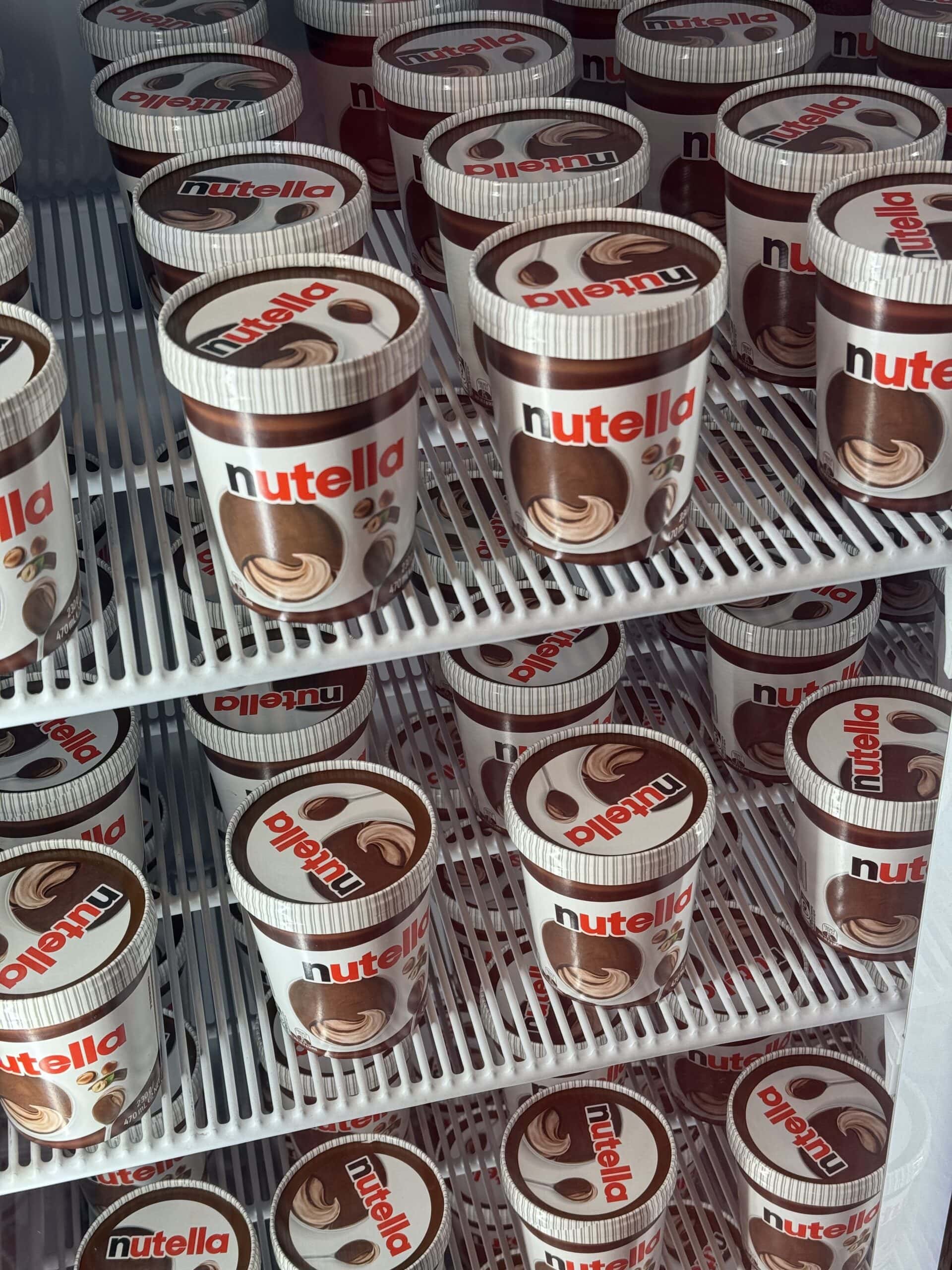 Tubs of Nutella's new frozen hazelnut treat stacked in a freezer at the MidCity Shopping Centre pop-up, Sydney CBD