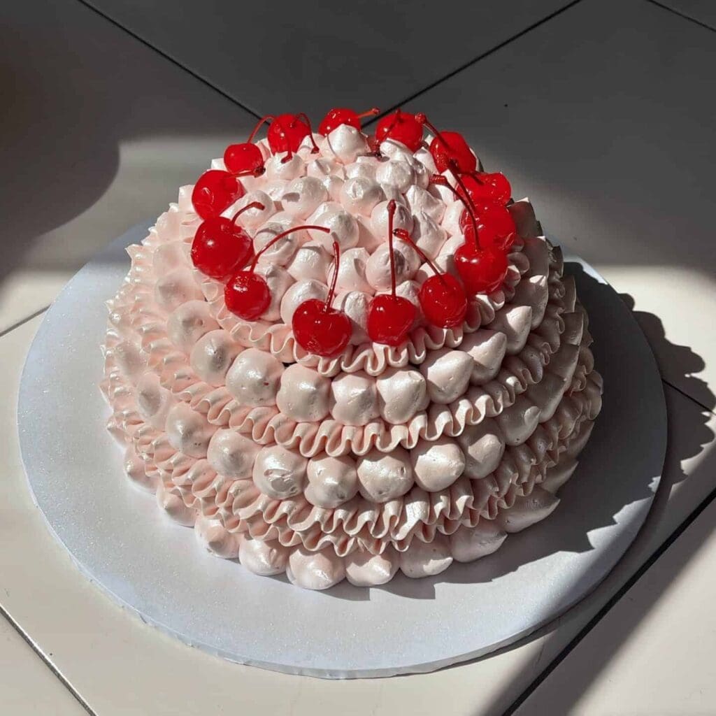 Retro-style pink buttercream cake with piped ruffles and glacé cherries on a cake board, by custom cake maker Baked In Space, Bardwell Valley Sydney