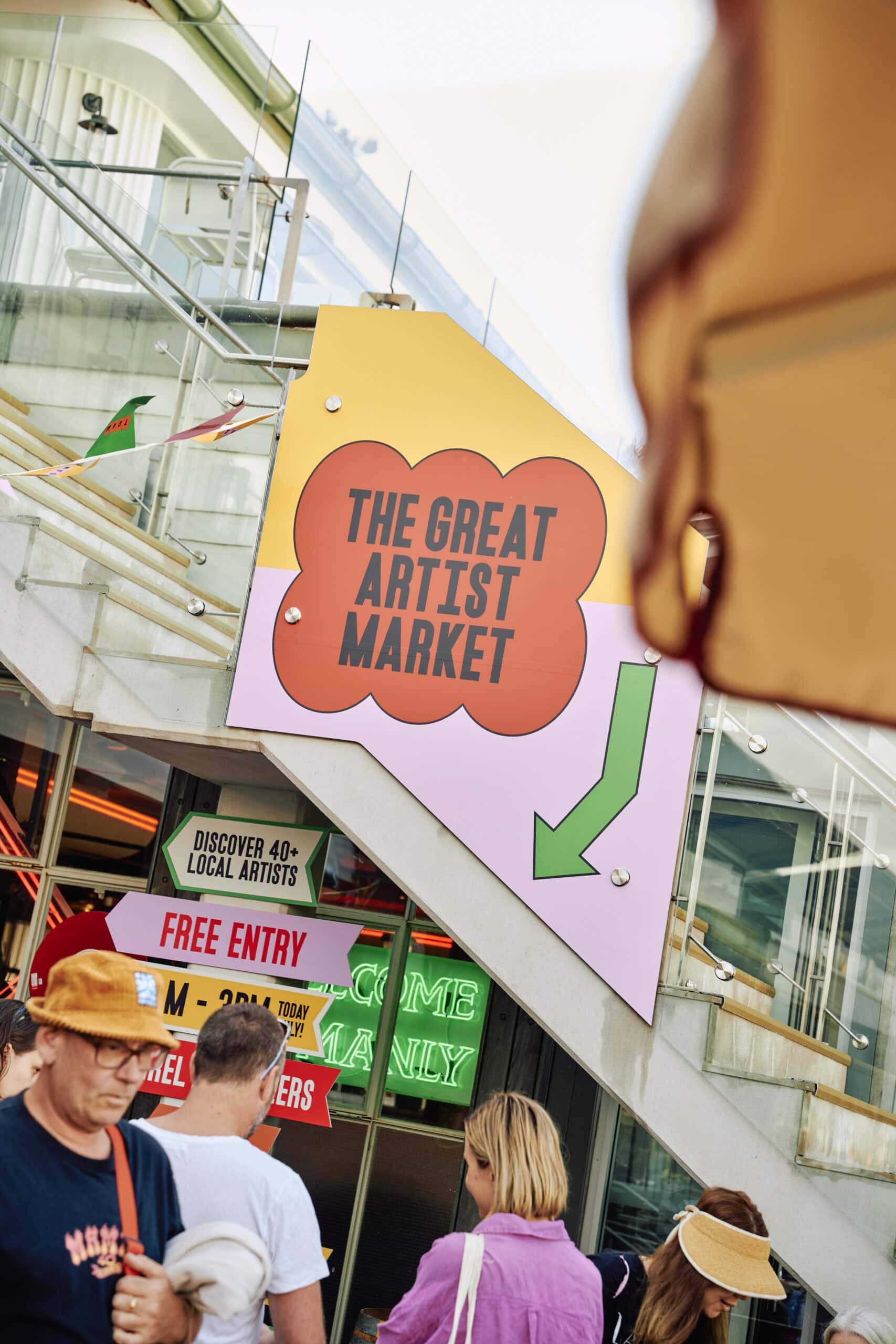 The Great Artist Market signage and free entry sign at Manly Wharf, Manly Sydney