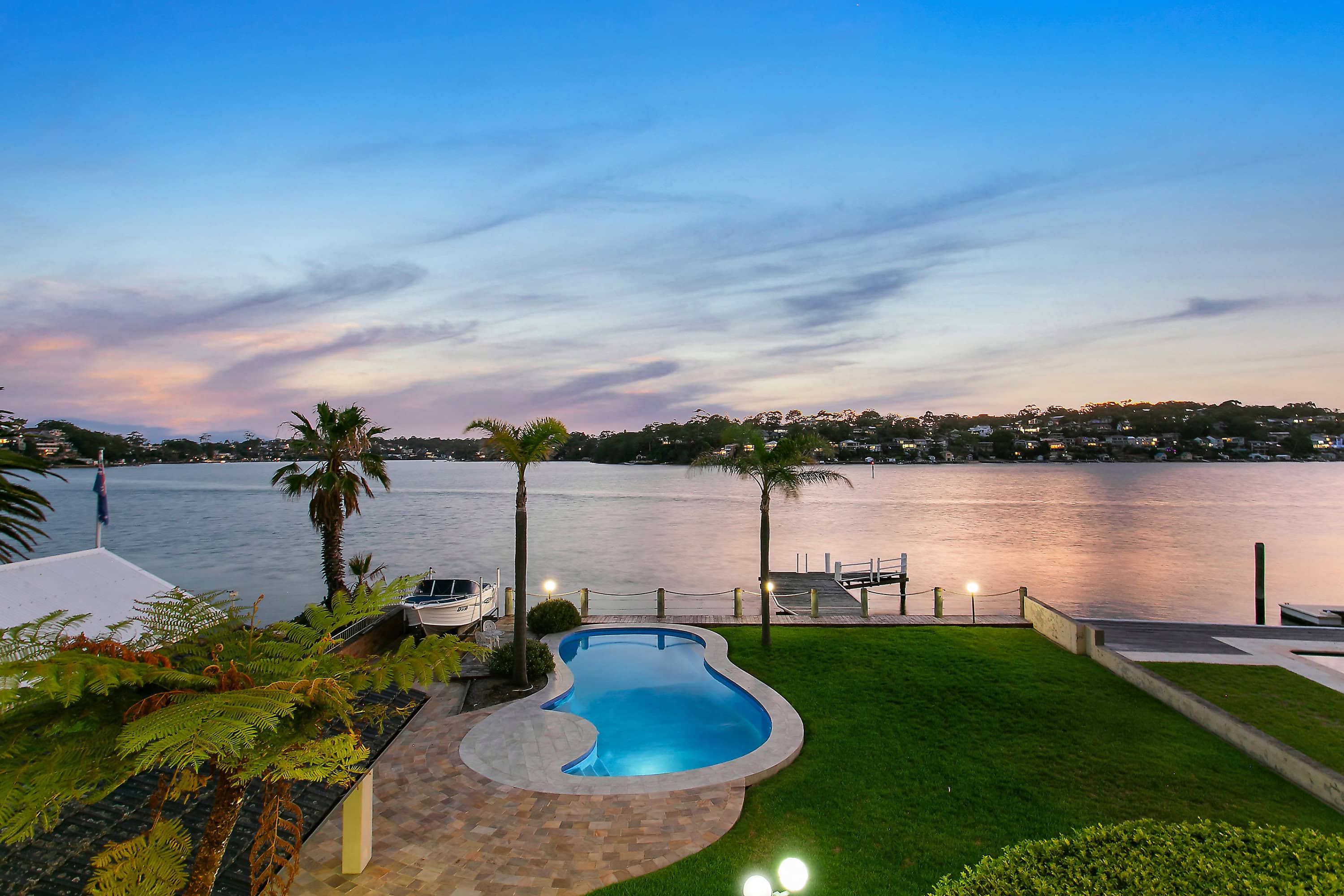 Dusk River View With Pool, Jetty, Slipway & Yard