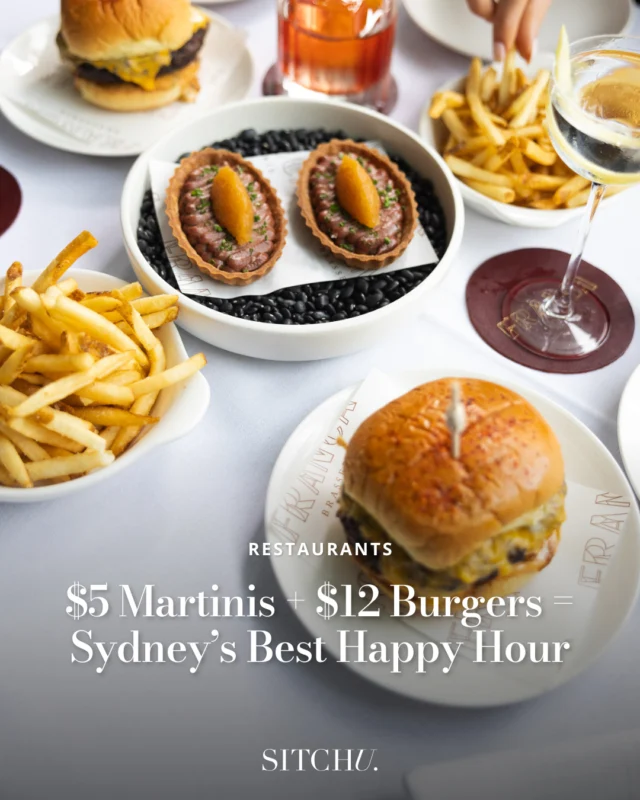 Chic Euro vibes and a $5 martini? Don’t mind if we do 🍸⁠
⁠
This Sydney brasserie is officially the place to be, with $5 martinis, $12 cheeseburgers, $7 beers and luxe snacks — all served up in their dreamy French-inspired space, every day from 5–6pm.⁠
⁠
It's a deal that's too good to sleep on. Tap the link in bio for all the details.